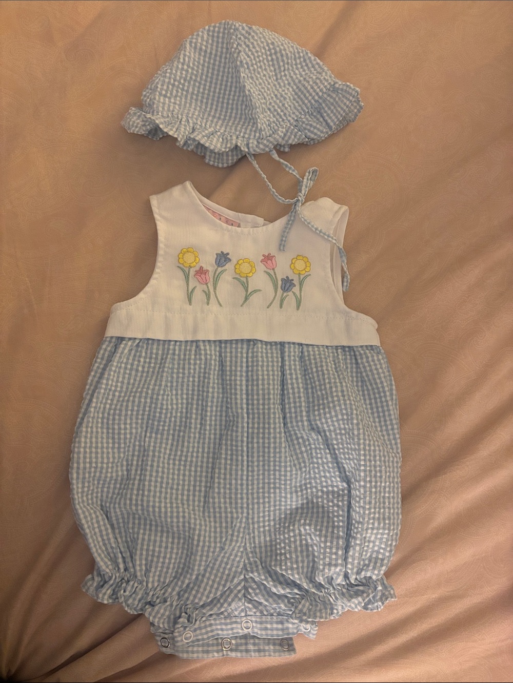 Blue Gingham Baby Bubble Romper with Sun Hat - Floral Embroidery